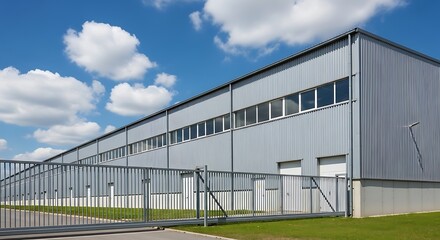 Obraz premium Large, light gray industrial building with a metal sliding gate fence under a partly cloudy blue sky.
