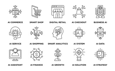 Line vector icon set for AICommerce, the fusion of artificial intelligence and e commerce. Features smart shopping, AI checkout, chatbot service, and customer analytics. Perfect for retail and startup