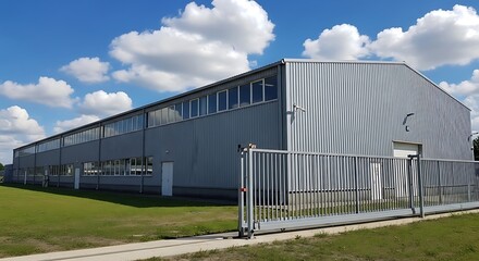 Obraz premium A long, modern industrial building stands proudly under a partly cloudy sky.
