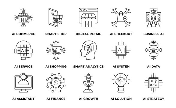 Line vector icon set for AICommerce, the fusion of artificial intelligence and e commerce. Features smart shopping, AI checkout, chatbot service, and customer analytics. Perfect for retail and startup