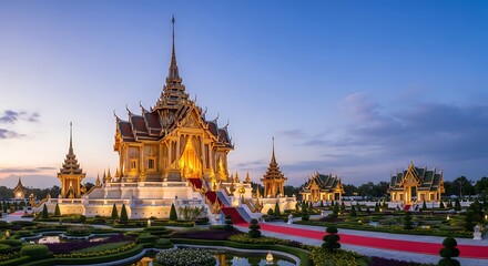 Fototapeta premium Golden Temple at Dusk - A Majestic Thai Architectural Marvel.