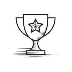 Illustration of a trophy with a star emblem in black and white simple design for achievement icon