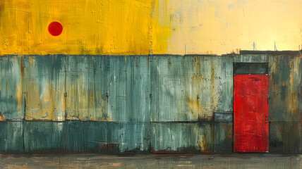Abstract painting featuring a red door against a textured green wall and a vibrant yellow sky