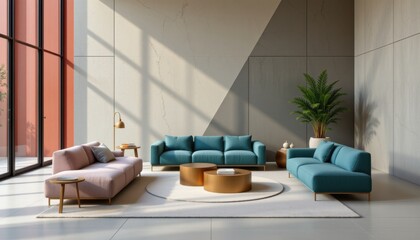 minimalist sofas and tables paired with polygonal shapes form abstract arrangements that focus on structure, balance, and visual rhythm.