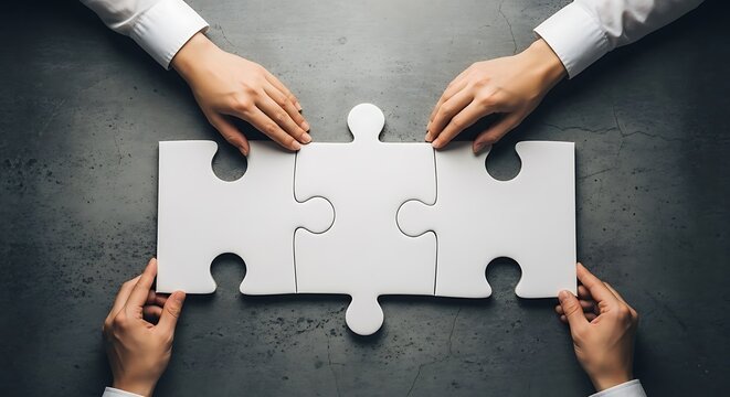 Two hands carefully align a puzzle piece, representing teamwork and collaboration on a gray textured surface.