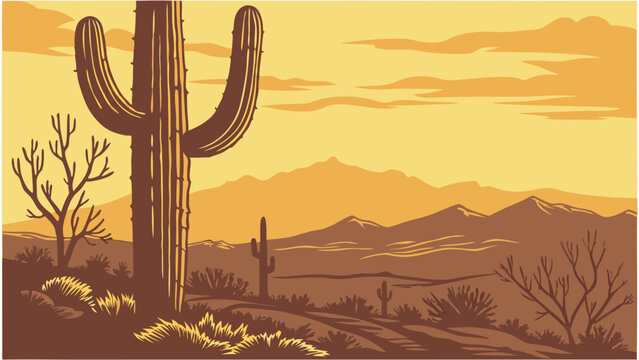 Desert landscape at sunset with cacti and mountains nature illustration southwestern scenery arid climate desert plants vector art graphic design vintage style western theme wildlife illustration bac.