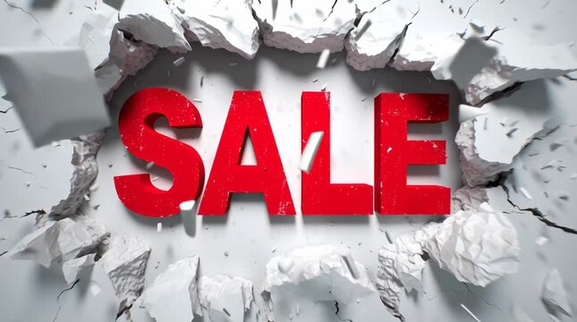 Red sale text breaking through a white wall. The letters are bold and prominent, emphasizing a promotional message. The background is plain and minimalistic.
