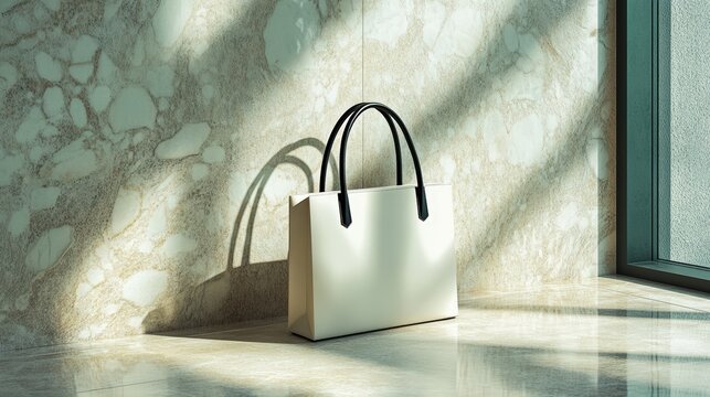 A stylish handbag rests on a marble floor, casting a shadow in soft light, highlighting its elegant design and modern aesthetic.