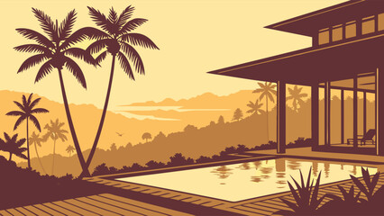 Fototapeta premium Tropical Villa with Pool and Ocean View, Sunset Silhouette Illustration
