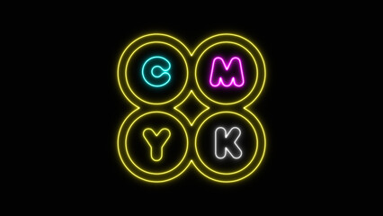 Glowing Neon C M Y K Letters Forming isolated on black background
