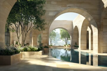Elegant arabesque water pool with arched white wall, geometric carvings, and tropical garden. Modern-traditional fusion architecture featuring symmetrical arches, reflective water surface.