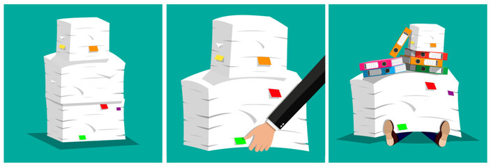 Man buried under a pile of many document paper, overloaded with ring binders. Concept of busy office worker and bureaucracy.