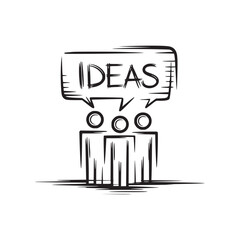 Three stick figures with circles for heads under a speech bubble with the word ideas inside it