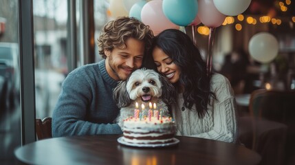 Happy couple in a café celebrates their dog’s birthday with balloons and cake, transforming childlike rituals into pet-centered ceremonies.