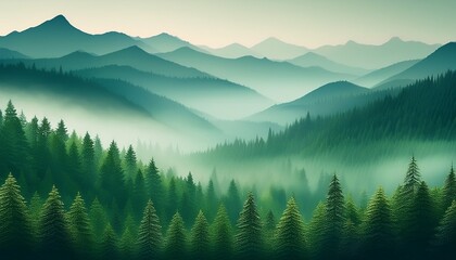 Fototapeta premium a misty green mountain range with a forest of pine trees in the foreground