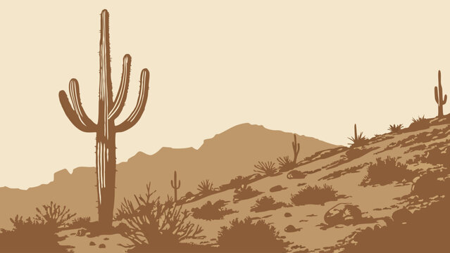 Desert landscape with cacti and mountains arid scenery southwestern illustration nature background desert panorama vintage style western theme dry climate hot environment botanical illustration cactu.