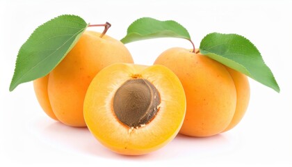 Close-up of ripe apricots with leaves, showcasing their vibrant color and juicy texture on a white background.