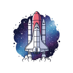Fototapeta premium Pixel Art Style Depiction of Rocket Launching into a Galaxy Sky with White Body and Pink Nose Cone Featuring Retro Elements