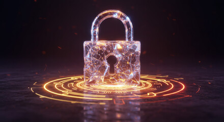 Futuristic cybersecurity concept with a luminous digital padlock representing data protection and network encryption