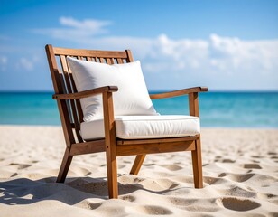 Wooden chair on sandy beach, white cushion, blue ocean