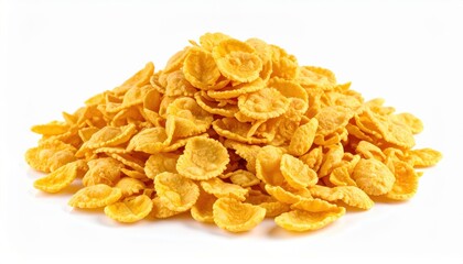 A heap of golden cornflakes isolated on a white background, perfect for breakfast-themed designs and cereal packaging.