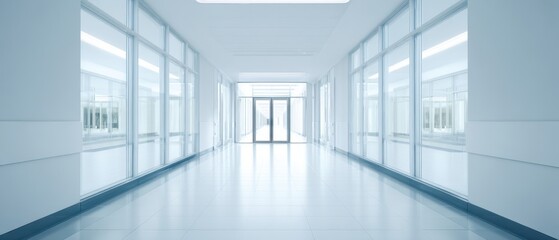 The hospital corridor with glass partitions bright sterile design and distant automatic doors