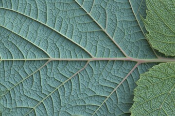 Obraz premium Leaf close-up veins traverse a green surface with smaller textured divisions. A second leaf peeks in from the right