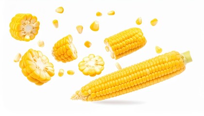 Fresh yellow corn with floating kernels and sliced pieces on a white background, highlighting vibrant colors and texture.