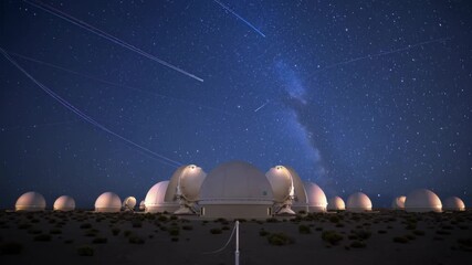 AI-generated starry night scene featuring observatory domes under a cosmic sky - Powered by Adobe