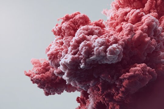 Abstract explosion of pinkish-red dense fluffy smoke cloud against light background, creates dynamic textured visual resembling cotton or coral - Powered by Adobe