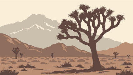 Desert Landscape with Yucca Trees and Mountains in Silhouette Style Illustration.