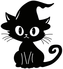 Obraz premium Adorable Black Cat Wearing a Witch's Hat with Big Expressive Eyes Perfect for Halloween and Magical Themed Projects