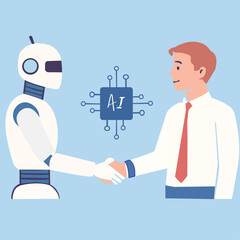 Machine vs human. AI robot and man facing each other. Concept of artificial intelligence  
Man shakes hands with robot as sign of friendship between humans and artificial intelligence AI. Concept 