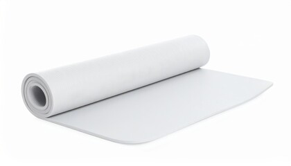 Fototapeta premium A sleek white yoga mat rolled out on a plain white background, perfect for fitness, wellness, and minimalist lifestyle themes.