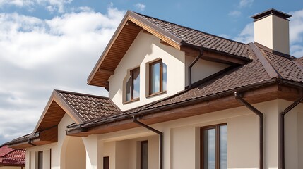 Obraz premium Modern House Exterior Featuring Brown Roof Against a Cloudy Blue Sky