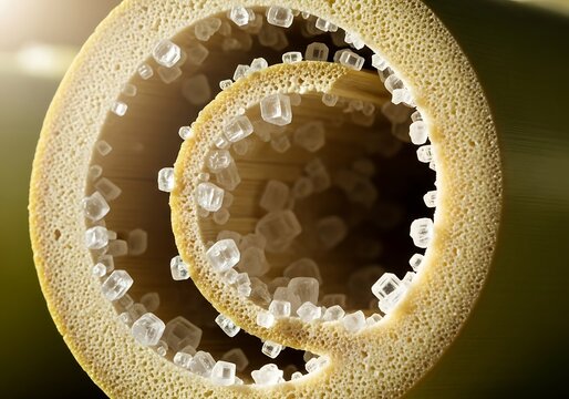 Microscopic view of a bamboo structure adorned with translucent crystalline formations abstract natural textural wonder