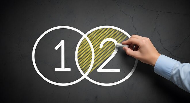 Hand drawn numbers one and two in overlapping circles on a dark textured surface.