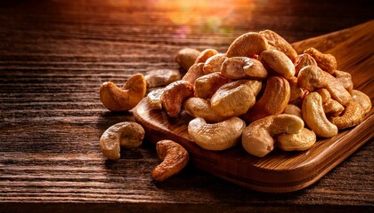 Obraz premium artistic detailed visualization of roasted cashew nuts on a weathered wooden board with natural lighting and generous advertising copy space