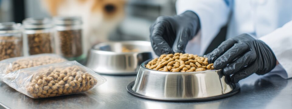 Preparing nutritious dog food in a veterinary kitchen with attention to hygiene
