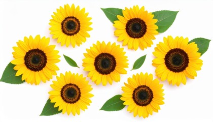 A vibrant arrangement of sunflowers with green leaves on a white background, perfect for bright and cheerful designs.