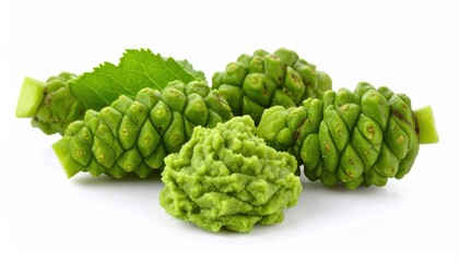 Fototapeta premium Close-up of fresh wasabi rhizomes and paste, showcasing vibrant green color and texture, ideal for culinary and food-related themes.