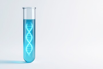 Transparent glass test tube with glowing DNA double helix in blue liquid on clean white background with copy space symbolizing genetic research