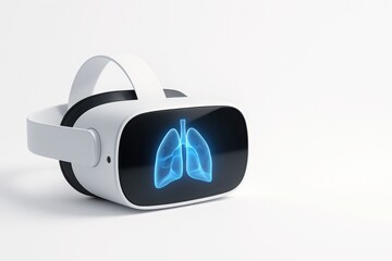 White VR headset reflecting realistic 3D model of human organ on clean white background with copy space symbolizing virtual surgery and medical training