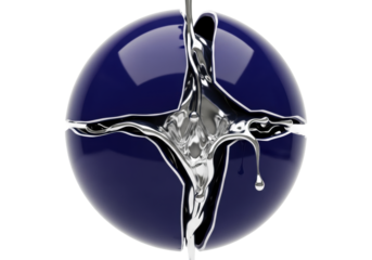 Perfectly spherical deep indigo ceramic orb, precisely fractured, metallic silver liquid emerging, suspended in transparent studio, close-up macro. Concept of scientific material transformation
