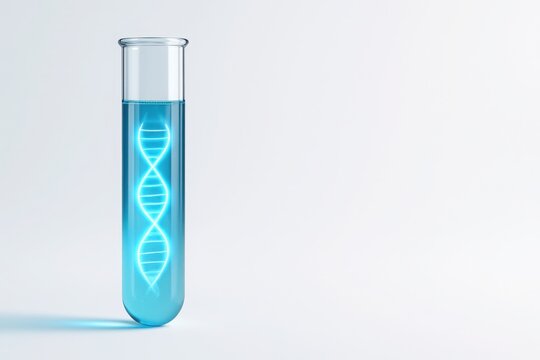 Transparent glass test tube with glowing DNA double helix in blue liquid on clean white background with copy space symbolizing genetic research