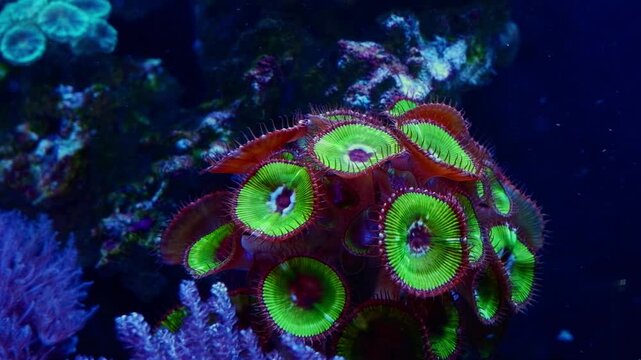 Palythoa grandis, green soft coral move disc in water flow, fluorescent animal colony, coquina live rock, easy pet for beginner aquarist, LED blue light, nano reef marine aquarium, mental relax
