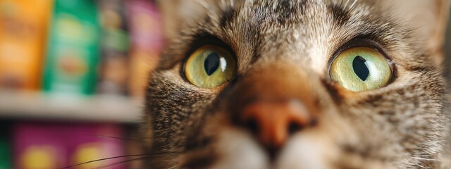 Curious cat with bright green eyes exploring a cozy indoor space filled with colorful items
