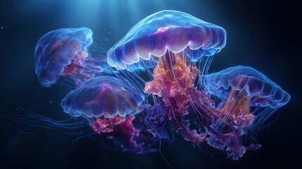 Obraz premium Luminescent jellyfish cluster floats in deep, dark ocean