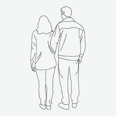 Man and woman standing back side together line art.