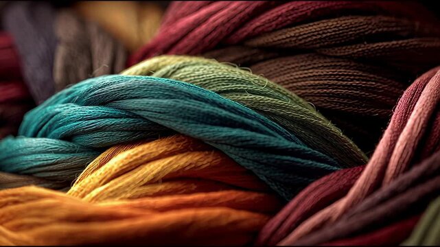 Threads of colorful textile fibers tightly intertwined creating detailed macro texture of fabric yarn suitable for fashion and design inspiration